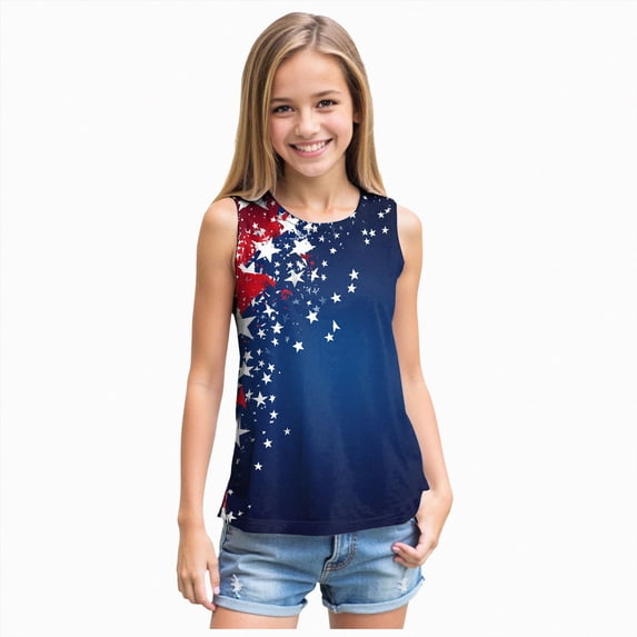WUANDIXFA Toddler Tank Tops 5-14 Years Girls Tops 4th of July Comfortable Breathable Dance Top Printing Sleeveless Tank Top,Dark Blue,9-10 Years