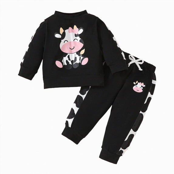 WUANDIXFA Toddler Winter Clothes 6 9 12 18 24 Months 2T 3T Toddler Baby Girl Fall Outfits Sweatshirt Pants Set 2 Pieces Cartoon Print Tops Jogger Pants,Black,18-24 Months