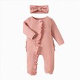 thumbnail image 1 of WUANDIXFA Toddler Winter Clothes Cute Romper Girls Romper Solid Clothes Infant Baby Headband 2PCS Ribbed Outfits Jumpsuit Set Footed Romper Jumpsuit,Pink,12-18 Months, 1 of 5