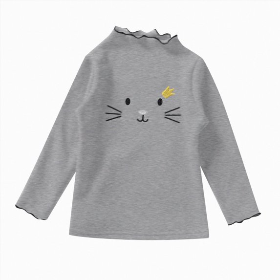 WUANDIXFA Tshirts for Kids Girls Fashion Toddler Girls Long Sleeve Ruffle Cotton T Shirts Cat Print Top Shirts Casual Blouse,Grey,4-5 Years