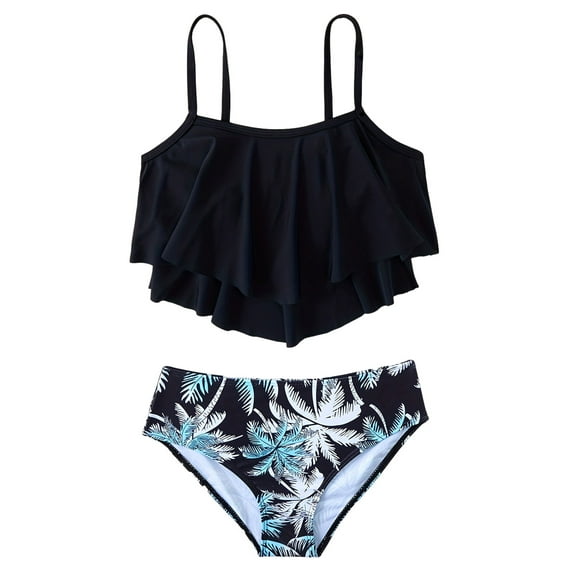 WUANDIXFA Tween Tankini Swimsuits Girls Swimsuit 2 Piece Ruffled Tankini Top with Bottom Summer Beach Teen Girl Bathing Suits 7-8 Years,Black