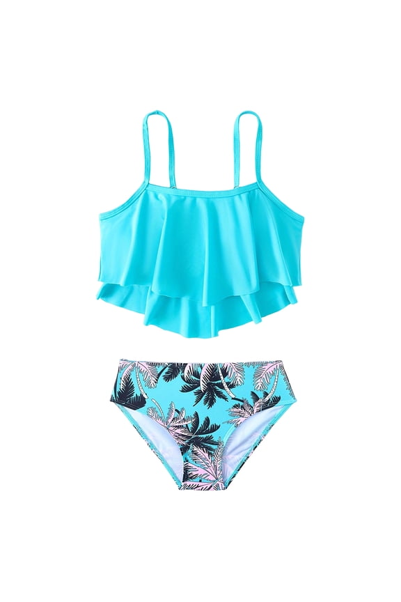 Tween Tankini Swimsuits Girls Swimsuit 2 Piece Ruffled Tankini Top with Bottom Summer Beach Teen Girl Bathing Suits 7-8 Years,Blue