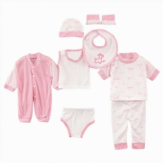 WUANDIXFA Unisex Newborn Layette Set 8 Piece Soft Cotton Baby Clothing Tops Romper Pants Hat Bib Sock Shoes Newborn Must Haves Gift Set 0-3 Months Pink