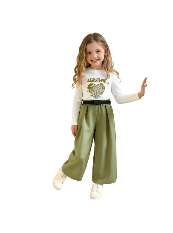 Valentine Outfit For Girls Heart Print Crewneck Long Sleeve Sweatshirt Top Sweatpant 2 Piece Clothing Set (Army Green, 9-10 Years)