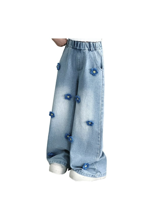 Wide Leg Pants Kids Junior Jeans for Teen Girl's Casual High Waist Wide Leg Denim Pants Jeans Blue,7-8 Years