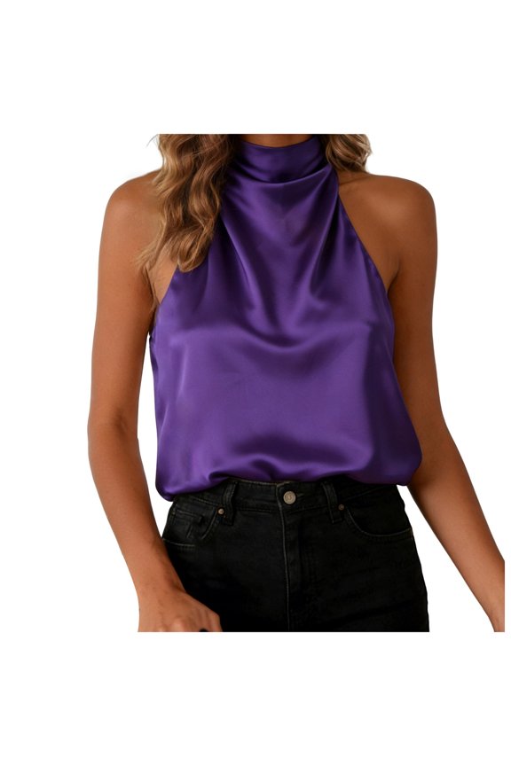 Women Tank Tops Women's Silk Satin Tank Tops 2026 High Neck Sleeveless Camisole Summer Basic Blouse Purple,M