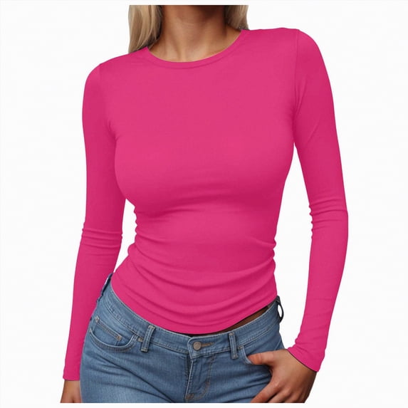 WUANDIXFA Women's Tees Women Long Sleeve Shirts Slim Fit Tops Basic Tee 2026 Spring Outfits Casual T-Shirt Clothes Hot Pink,XL
