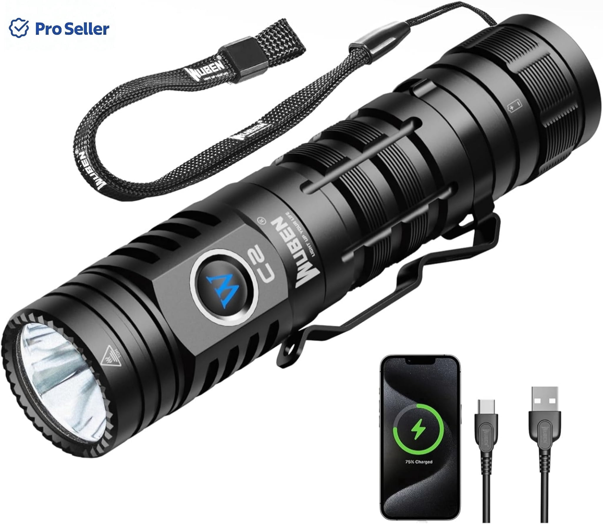 WUBEN C2 Tactical Flashlight, 2000 Lumens, USB-C Rechargeable, IP68 Waterproof, 7 Modes, Compact LED Flashlight