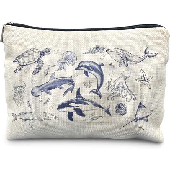 WUCHJ whale Makeup Bag, Sea Beach Bags Toiletry Bag for Women, Themed Gifts, Blue Coastal Sea Makeup Pouch