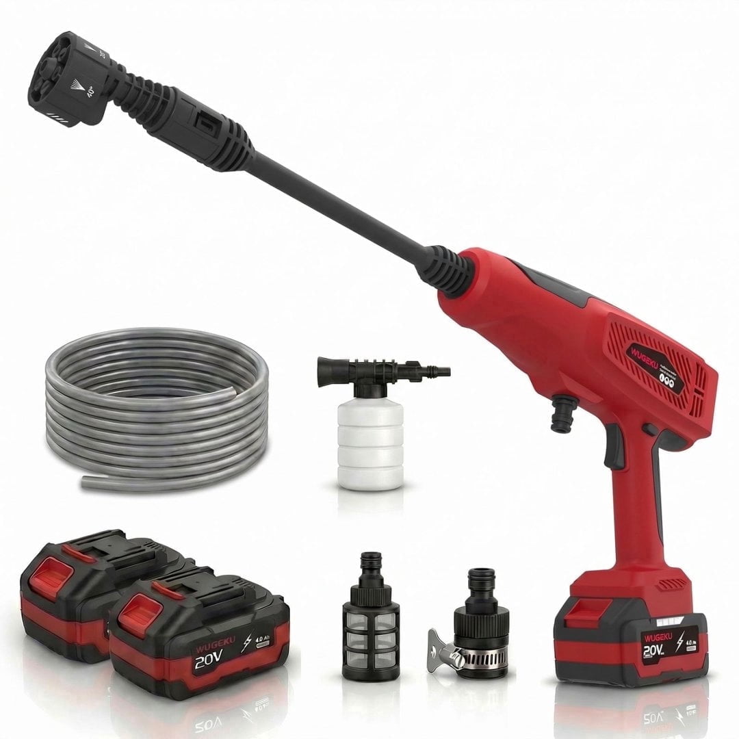 Wugeku Cordless Pressure Washer with Brushless Motor, Portable Power Cleaner Includes 2 20V 4.0Ah Batteries, 6-in-1 Nozzle for Car, and Patio Cleaning