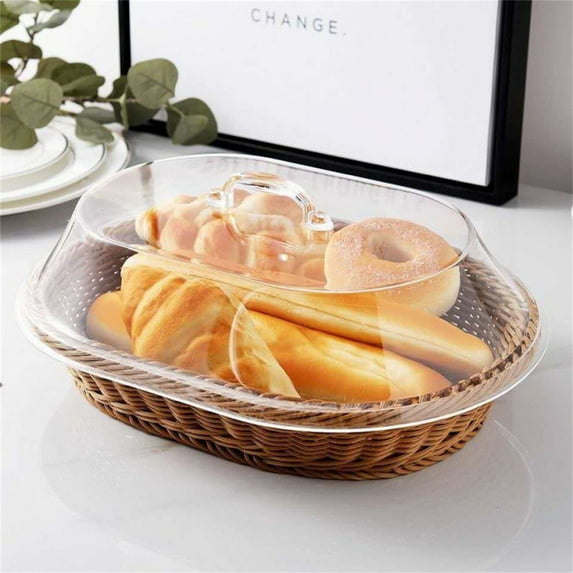 WUJDF 1 Pc Rattan Woven Bread Basket, 13.39x8.86 Inch Imitation Rattan Food Storage Container with Transparent Lid, Multifunctional Fruit, Vegetable, Snack and Dessert Storage Basket for Food Display