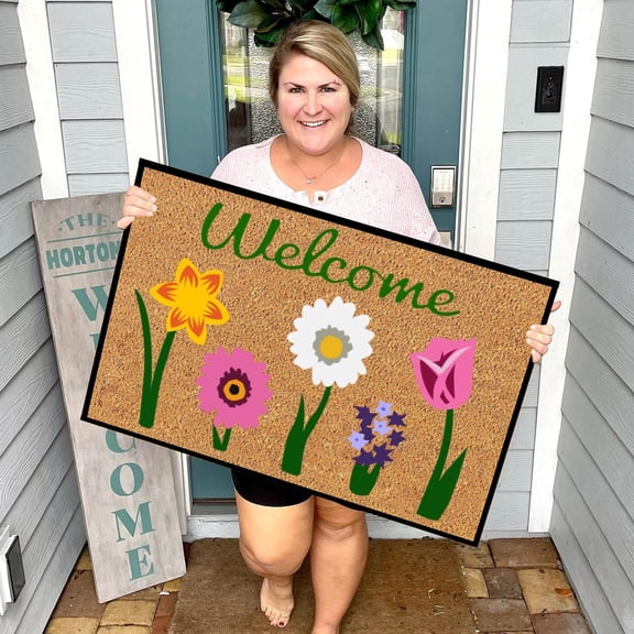 WUJDF 1Pc Door Mat with Wildflowers Border,Outdoor Indoor Welcome Mat for Front Door,Spring Welcome Doormat,Outdoor Non Slip Spring Door Mat for Entrance Home Front Porch Door