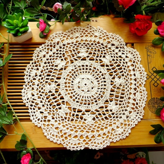 WUJDF 1Pc Lace Dollies for Tables,Beige Cotton Handmade Crochet Lace Tablecloth Doilies Table Overlay,Large Handmade Crochet Round Cotton Lace Tablecloth Mat Knitted Tablecloth Decorative Overlay