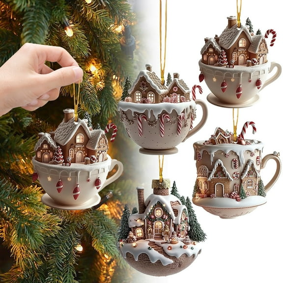 WUJDF Christmas Decorations,Coffee Cup Christmas Tree Ornaments,2D Acrylic Snow House Hot Chocolate Mug Shape Christmas Tree Decorations,Christmas Tree Pendant Hanging Ornaments 3"X3"