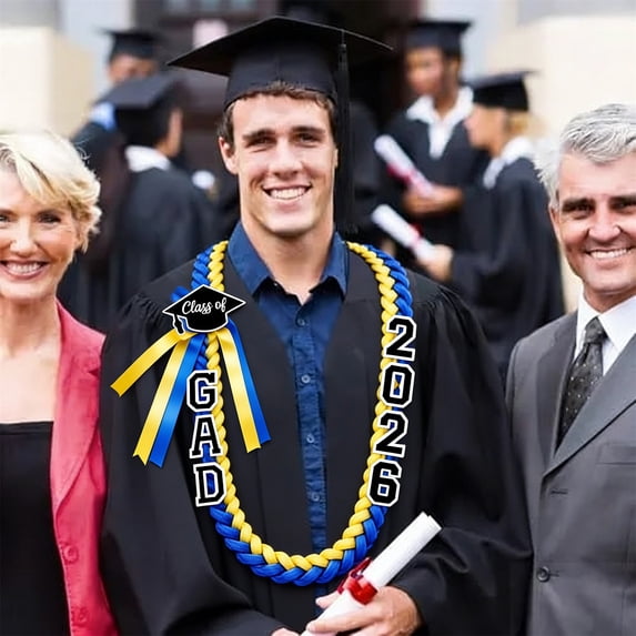 WUJDF Class of 2026 Graduation Lei,Braided Satin Ribbon Graduation Necklace with "GRAD" & 2026 Letters,Blue and Yellow Graduation Lei for High School,College,Kindergarten Graduation Party Favors