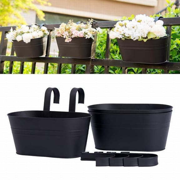 WUJDF Metal Hanging Flower Pots for Railing Fence Outdoor Planter,Metal Balcony Hanging Planters with Detachable Hooks and Drain Holes Oval Box Rail Pots for Herbs Balcony Garden Yard Decor