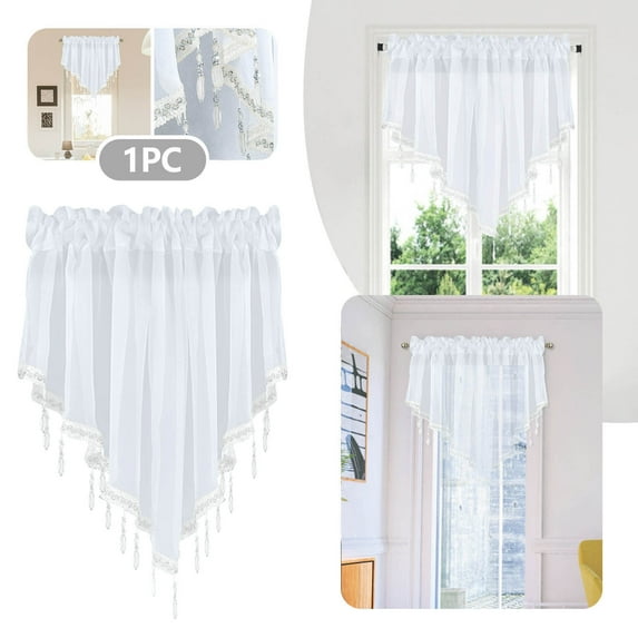 WUJDF Valance Curtains,Beaded Sheer Valance Curtains for Windows,Triangle Sheer Voile Kitchen Swag Curtains Valances Boho Bead Tassels Window Valances for Bedroom,Curtains for Living Room 51"X24"