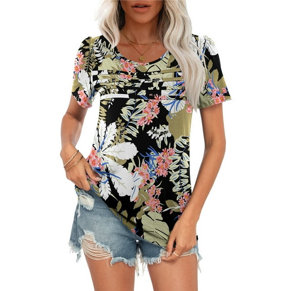 WUJINXIA Women's Blouses Summer Short Sleeve Shirts Casual Pleated Floral Tops