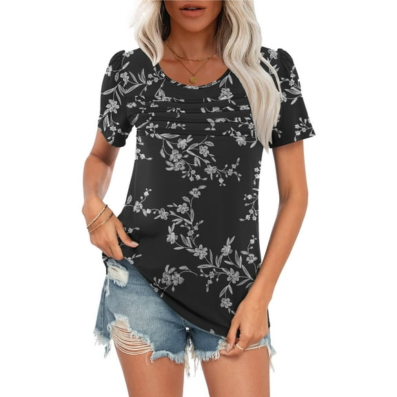 WUJINXIA Women's Blouses Summer Short Sleeve Shirts Casual Pleated Floral Tops