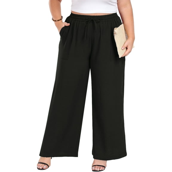WUJINXIA Womens Plus Size High Waist Drawstring Wide Leg Palazzo Pants Casual Daily Trousers With Pockets 1X-5X