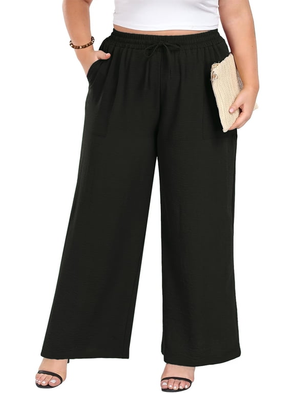 Womens Plus Size High Waist Drawstring Wide Leg Palazzo Pants Casual Daily Trousers With Pockets 1X-5X