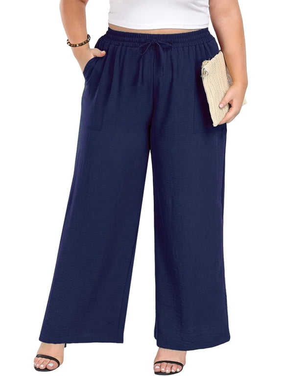 Womens Plus Size High Waist Drawstring Wide Leg Palazzo Pants Casual Daily Trousers With Pockets 1X-5X
