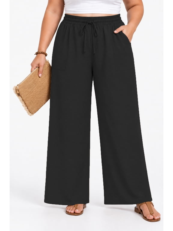 Womens Plus Size High Waist Drawstring Wide Leg Palazzo Pants Casual Daily Trousers With Pockets 1X-5X