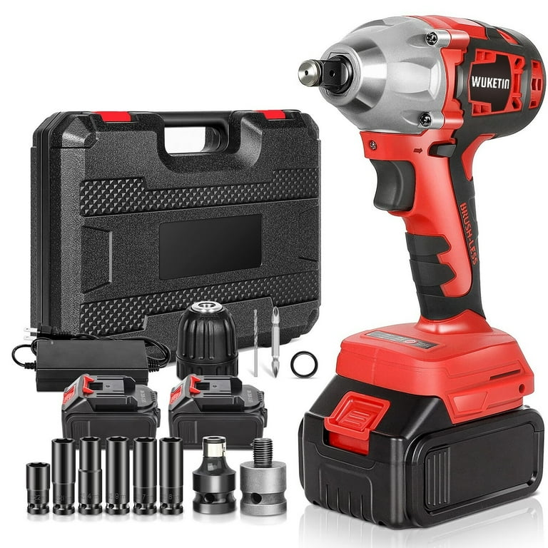 Free Shipping WUKETIN 21V Cordless Impact Wrench Electric Brushless Motor Impact Drill Driver with 2 Battery and Chuck Drill Sockets Tool Box Fast Charger Walmart