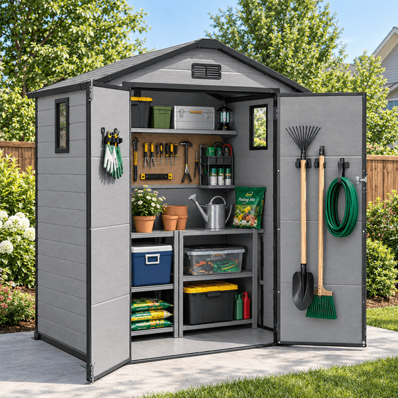 WUKHG 6x4FT Outdoor Storage Shed with Floor, Resin Waterproof Cabinet with Slooping Roof and Lockable Door ,Tool House Sheds for Garden & Backyard