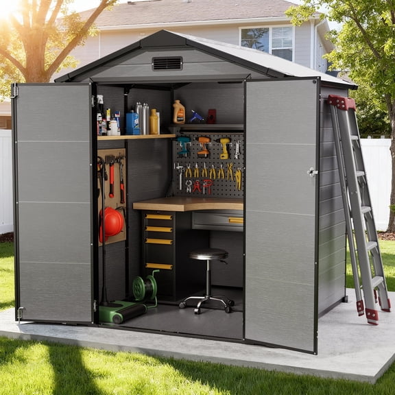 WUKHG 6x6FT Resin Shed with Floor, Weather-Resistant Plastic Garden Shed for Backyard, Waterproof UV-Proof Outdoor Storage Shed for Tools, Bikes & Equipment
