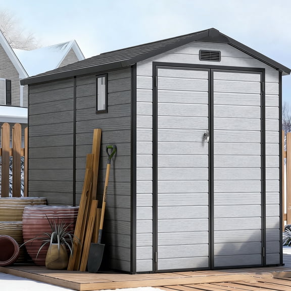 WUKHG 6x8FT Resin Shed with Floor, Weather-Resistant Plastic Garden Shed for Backyard, Waterproof UV-Proof Outdoor Storage Shed for Tools, Bikes & Equipment