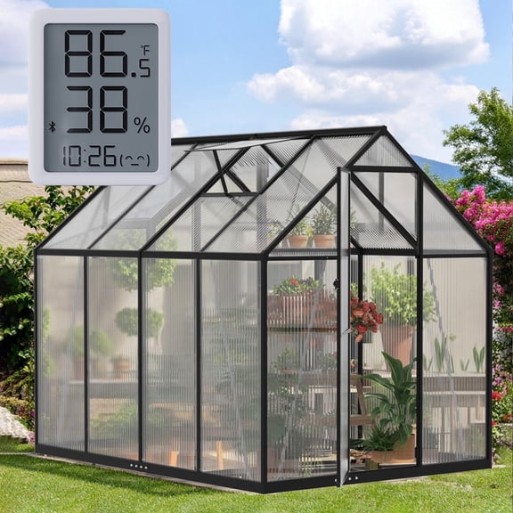 WUKHG 6x7.5FT Outdoor Greenhouse with Thermometer Hygrometer, Heavy-Duty Walk-in Greenhouse for Garden with Reinforced Aluminum Frame, All-Weather Greenhouse with UV-Resistant Polycarbonate Panels