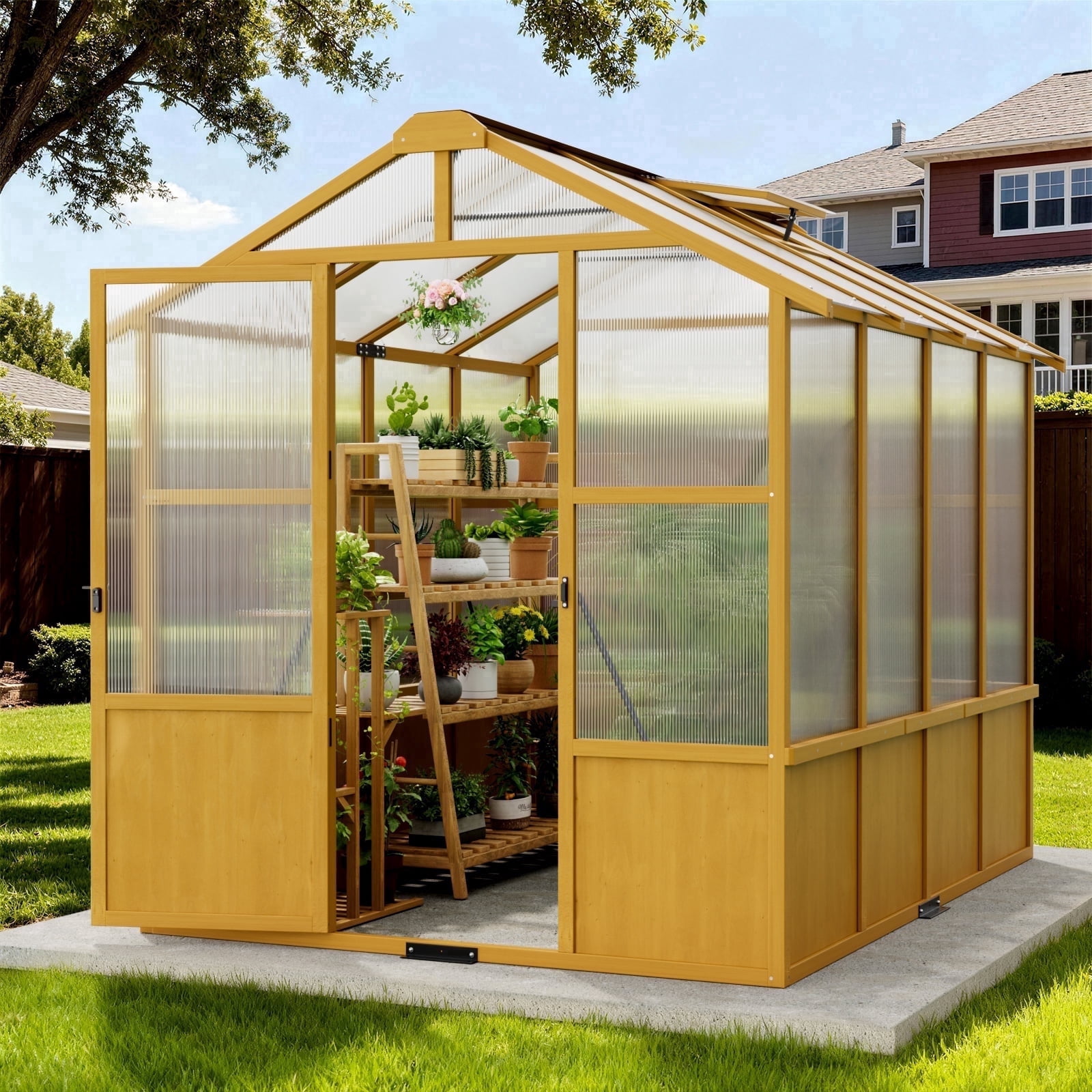 WUKHG 6x8ft Walk-In Wooden Greenhouse, Pine Frame & Polycarbonate Panels, Reinforced Outdoor Greenhouse with Lockable Door & Roof Vents for Garden Backyard