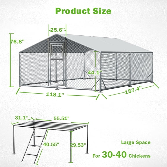 WUKHG Large Walk-in Chicken Coop with Roosting Perch Ladder - Metal Enclose Chicken Coops with Roof, Outdoor Cage Dog Kennel, Predator Protection for Backyard Animals, 9.8x13.1x6.4ft
