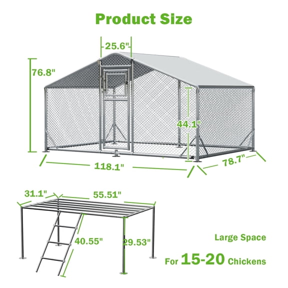 WUKHG Large Walk-in Chicken Coop with Roosting Perch Ladder - Metal Enclose Chicken Coops with Roof, Outdoor Cage Dog Kennel, Predator Protection for Backyard Animals, 9.8x6.5x6.4ft