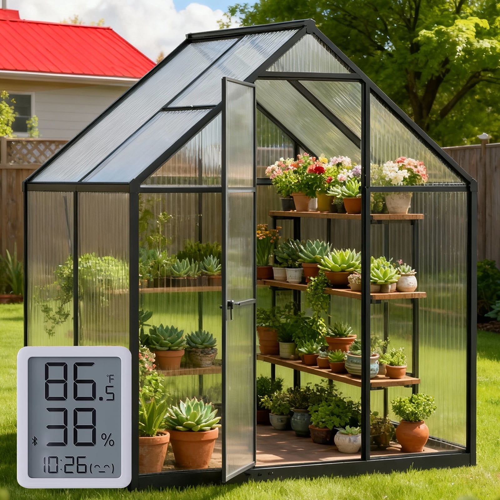 WUKHG 6x4FT Outdoor Greenhouse with Thermometer Hygrometer, Heavy-Duty Walk-in Greenhouse for Garden with Reinforced Aluminum Frame, All-Weather Greenhouse with UV-Resistant Polycarbonate Panels