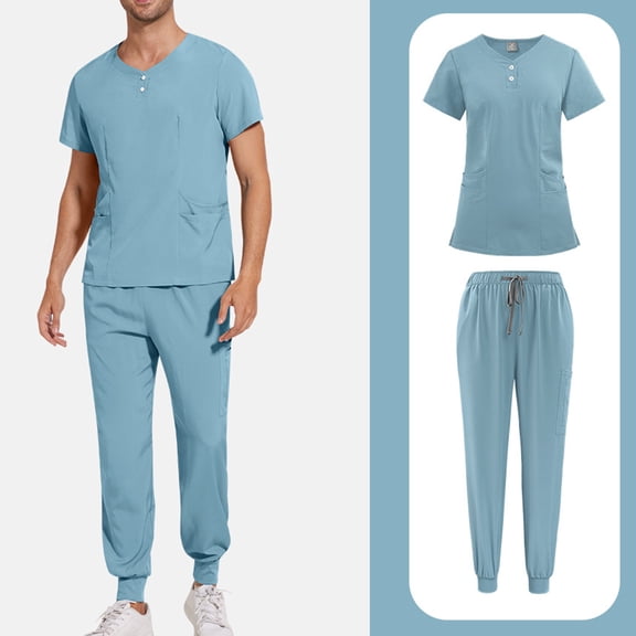 WULMLEO 2 Piece Scrub Sets for Men Short Sleeve Button Comfortable Scrubs Outfits Stretch Crew Neck Working Nursing Workwear Shirts and Joggers Medical Trendy Petite Nurse Uniform Light Blue L