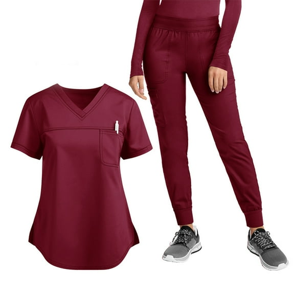 WULMLEO 2 Piece Scrub Sets for Women Short Sleeve Petite Scrubs Outfits Medical V Neck Casual Nursing Workwear Tops and Pants Soft Comfortable Working Stretch Nurse Uniform Wine XL