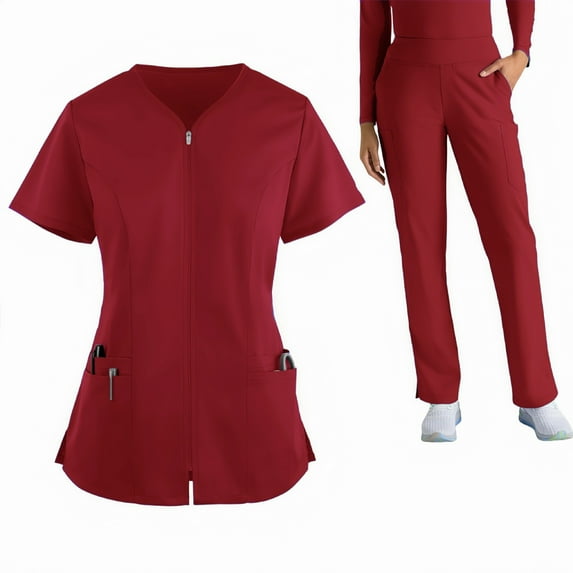 WULMLEO 2 Piece Scrub Sets for Women Short Sleeve Soft Comfortable Scrubs Outfits Petite V Neck Trendy Nurse Uniform Tops and Pants Medical Spring Stretch Nursing Workwear Wine S