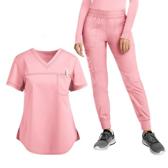 WULMLEO 2 Piece Scrub Sets for Women V Neck Medical Scrubs Outfits Soft Comfortable Short Sleeve Fashion Nursing Workwear Tops and Pants Petite Spring Stretch Nurse Uniform Pink S