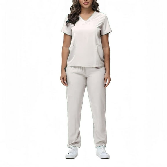 WULMLEO 2 Piece Scrub Sets for Women V Neck Medical Scrubs Outfits Soft Comfortable Short Sleeve Trendy Nursing Workwear Tops and Pants Petite Casual Stretch Nurse Uniform White S