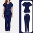 thumbnail image 1 of WULMLEO 2 Piece Scrub Sets for Women V Neck Medical Scrubs Outfits Stretch Short Sleeve Trendy Nurse Uniform Tops and Pants Petite Fashion Zip up Comfortable Nursing Workwear Navy L, 1 of 5