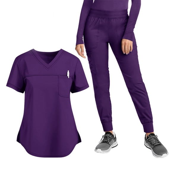 WULMLEO 2 Piece Scrub Sets for Women V Neck Stretch Scrubs Outfits Soft Comfortable Short Sleeve Working Nurse Uniform Tops and Pants Medical Trendy Petite Nursing Workwear Purple M