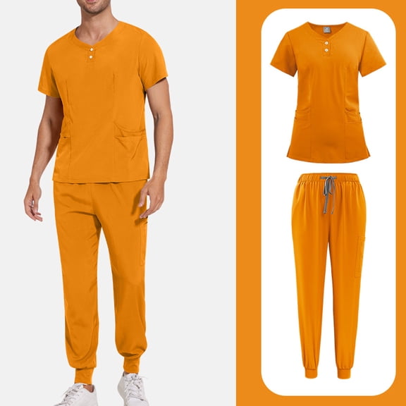 WULMLEO 2 Piece Scrubs Outfits for Men Crew Neck Medical Scrub Sets Petite Short Sleeve Fashion Nurse Uniform Shirts and Joggers Stretch Trendy Soft Comfortable Nursing Workwear Orange S