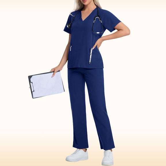 WULMLEO 2 Piece Scrubs Outfits for Women Short Sleeve Medical Scrub Sets Soft Comfortable V Neck Trendy Nursing Workwear Shirts and Joggers Petite Casual Stretch Nurse Uniform Navy XL
