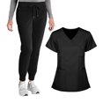thumbnail image 1 of WULMLEO 2 Piece Scrubs Outfits for Women Short Sleeve Petite Scrub Sets Drawstring Comfortable V Neck Working Nursing Workwear Tops and Pants Medical Spring Stretch Nurse Uniform Black S, 1 of 3