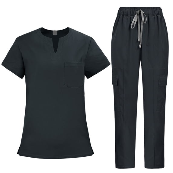 WULMLEO 2 Piece Scrubs Outfits for Women Short Sleeve Stretch Scrub Sets Petite V Neck Trendy Nurse Uniform Shirts and Joggers Soft Comfortable Casual Medical Nursing Workwear Gray S