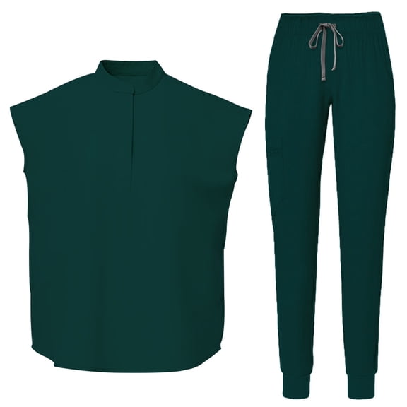WULMLEO 2 Piece Scrubs Outfits for Women Sleeveless Petite Scrub Sets Stretch Crew Neck Spring Nurse Uniform Tank Tops and Pants Soft Comfortable Working Medical Nursing Workwear Dark Green L