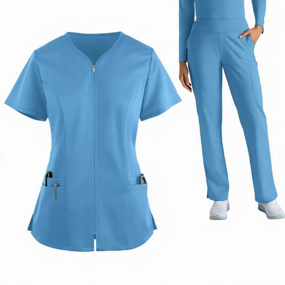 WULMLEO 2 Piece Scrubs Outfits for Women V Neck Medical Scrub Sets Soft Comfortable Short Sleeve Spring Nursing Workwear Shirts and Joggers Stretch Casual Petite Nurse Uniform Light Blue S