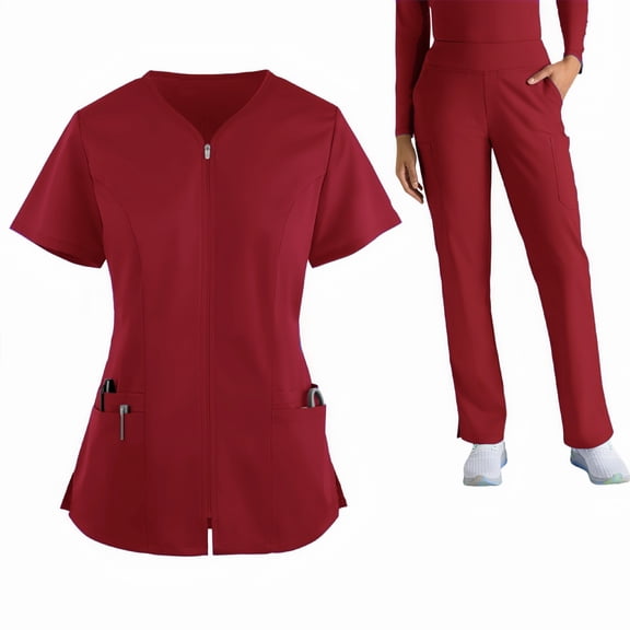 WULMLEO 2 Piece Scrubs Outfits for Women V Neck Soft Comfortable Scrub Sets Medical Short Sleeve Working Nurse Uniform Shirts and Joggers Petite Casual Stretch Nursing Workwear Wine 2XL